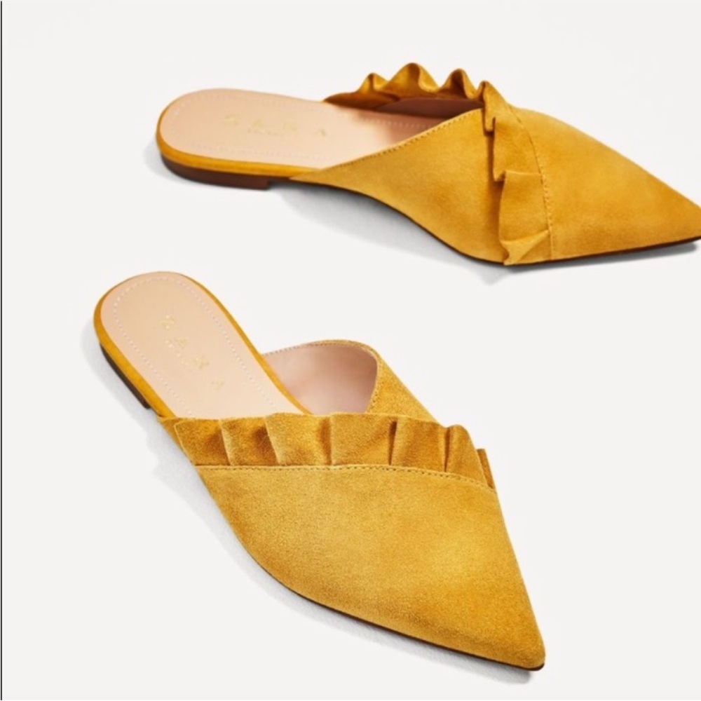 Zara Mustard Ruffle Pointed-Toe Mules